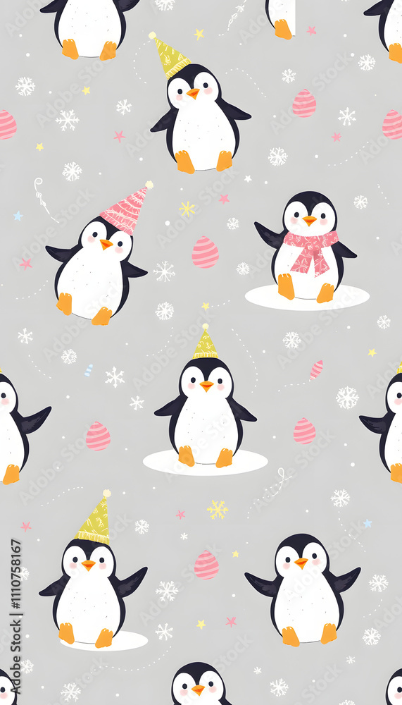 Fototapeta premium Birthday animals seamless penguin and snow pattern for wrapping paper and fabric, Dreamy