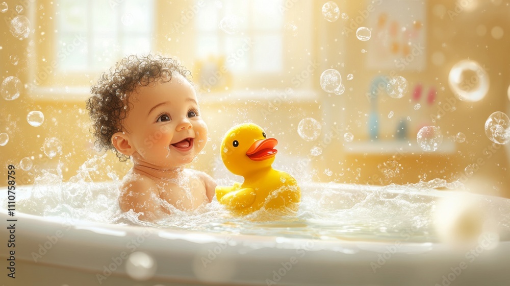 Adorable Baby Having Fun in the Bath with a Rubber Duck Adorable Baby Having Fun in the Bath with a Rubber Duck