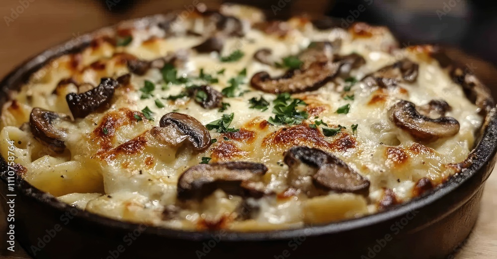 Pasta Gratinata ai Funghi e Mozzarella. AI generated illustration. Pasta Gratinata ai Funghi e Mozzarella. AI generated illustration.