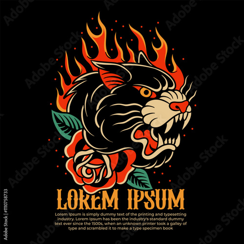 fire tiger traditional tattoo, panther tattoo, vintage tattoo design element typography