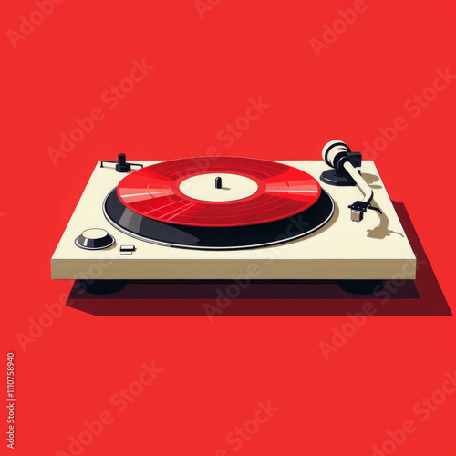 vintage turntable with red vinyl record on bright red background, evoking nostalgia and love for music. Perfect for retro themed designs