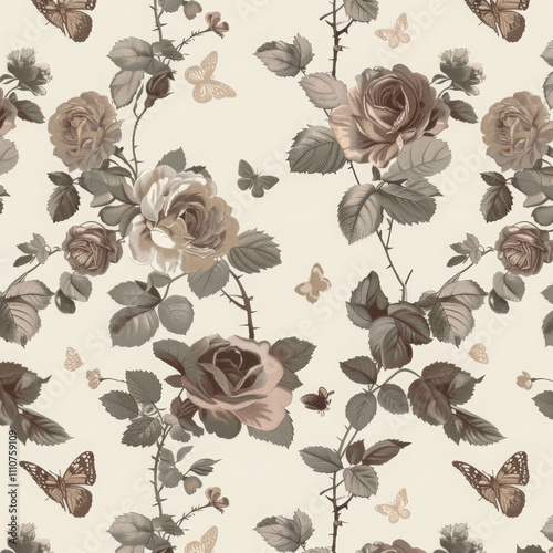 Vintage floral pattern featuring roses and butterflies in soft tones. This elegant design showcases intricate details of flowers and delicate butterflies, perfect for various decorative uses