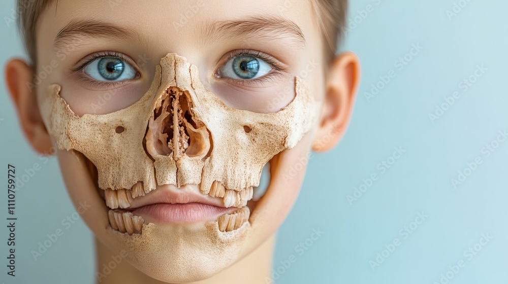 Fototapeta premium A young boy with blue eyes and a unique skull mask, blending a childlike innocence with a striking skeletal appearance against a soft blue background.