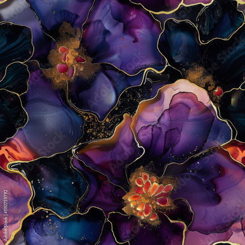 Colorful alcohol ink pattern featuring vibrant purple and black hues with gold accents, creating stunning floral design that evokes elegance and creativity