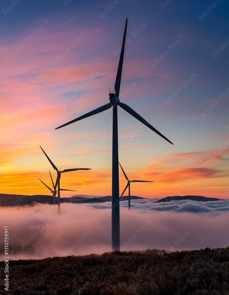 Obraz premium Wind turbines silhouetted against a vibrant sunset sky, generating sustainable energy