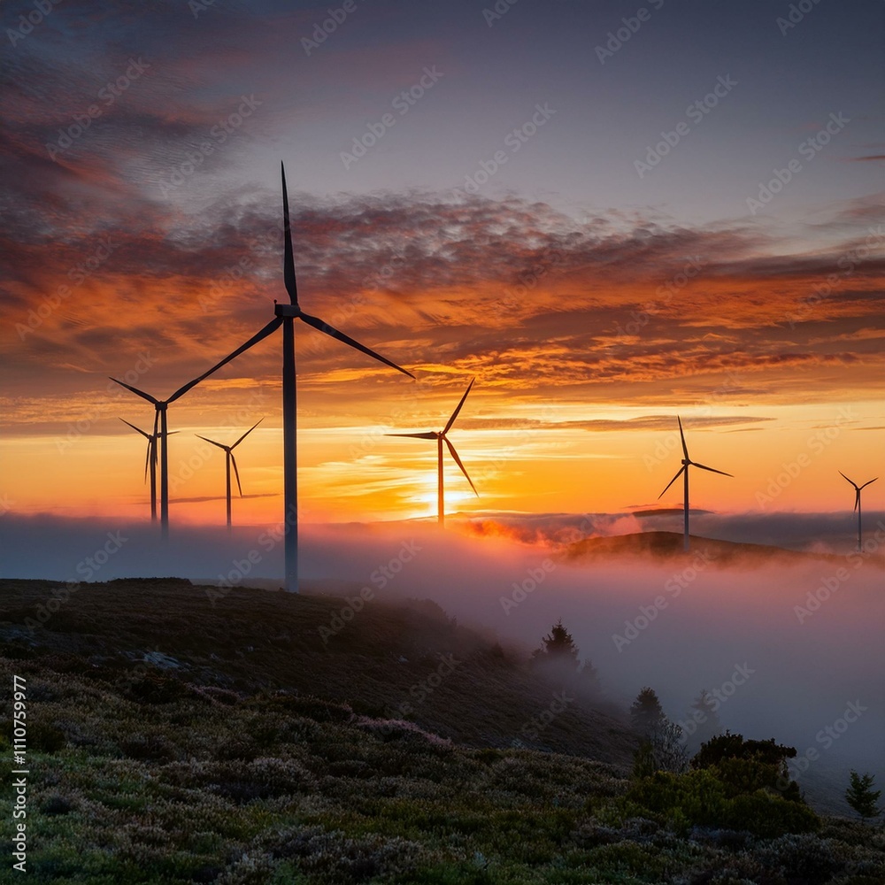 Obraz premium Wind turbines silhouetted against a vibrant sunset sky, generating sustainable energy