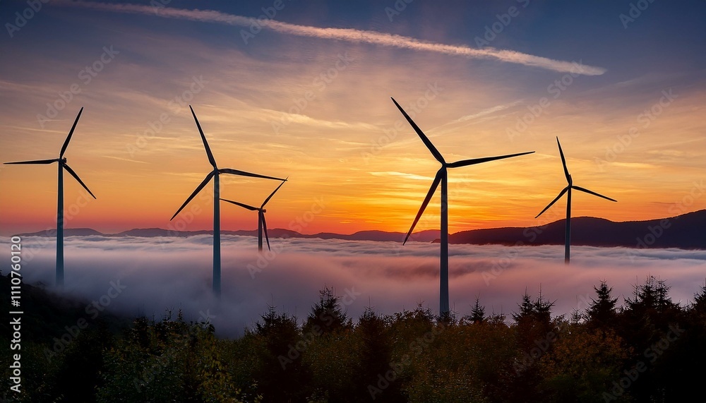 Wind turbines silhouetted against a vibrant sunset sky, generating sustainable energy Wind turbines silhouetted against a vibrant sunset sky, generating sustainable energy