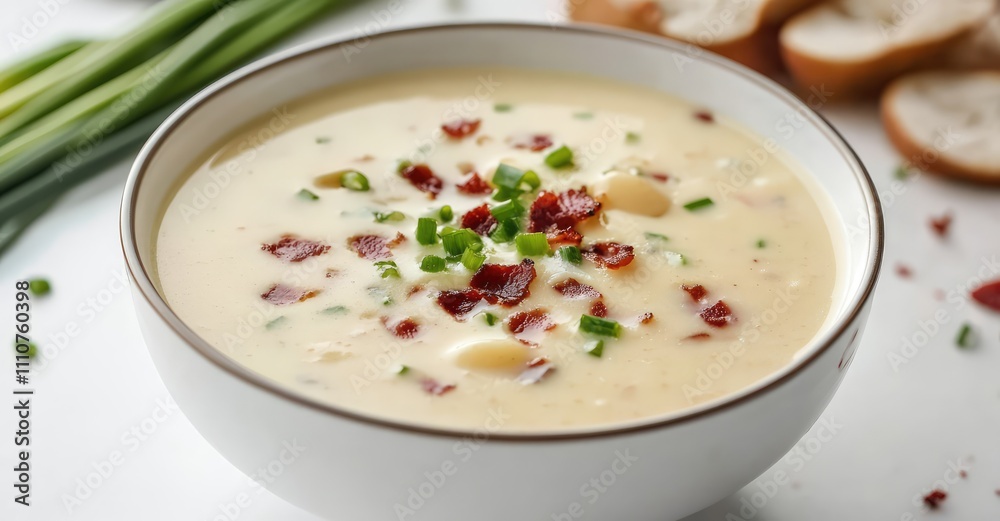Potato Cream Soup with Bacon and Green Onion. AI generated illustration. Potato Cream Soup with Bacon and Green Onion. AI generated illustration.