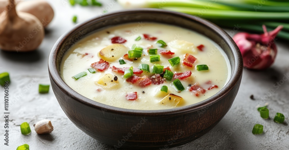 Potato Cream Soup with Bacon and Green Onion. AI generated illustration.