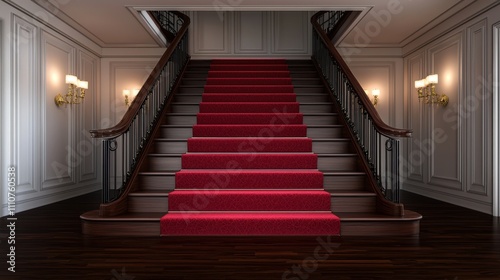 Elegant Grand Staircase with Red Carpet and Classic Interior Design in Mansion