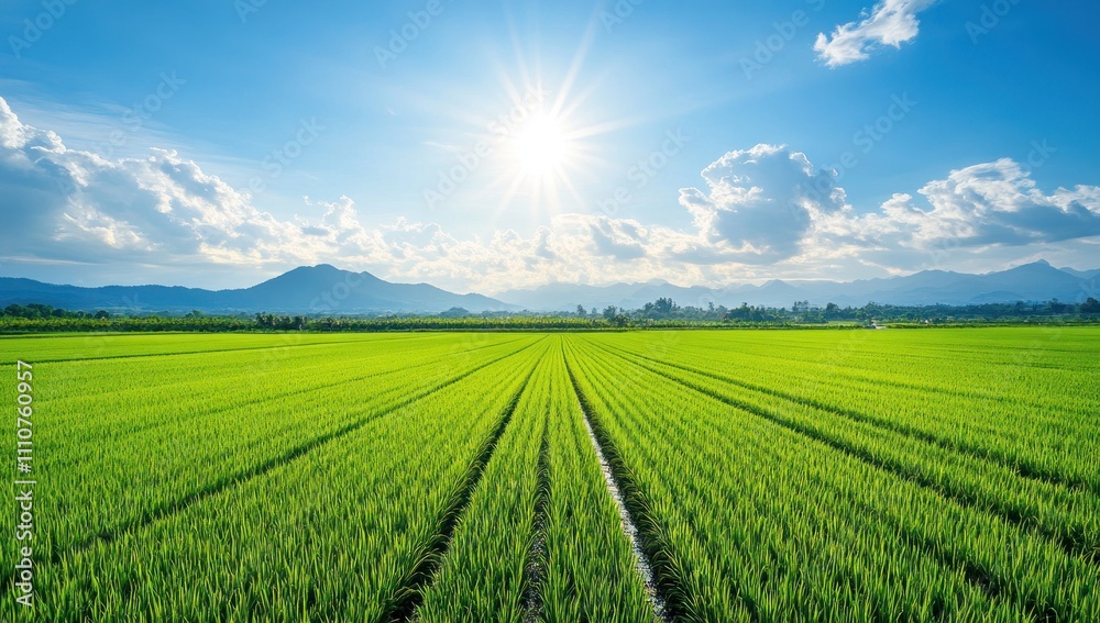 Serene Green Rice Paddy Field Under a Bright Sunny Sky Serene Green Rice Paddy Field Under a Bright Sunny Sky