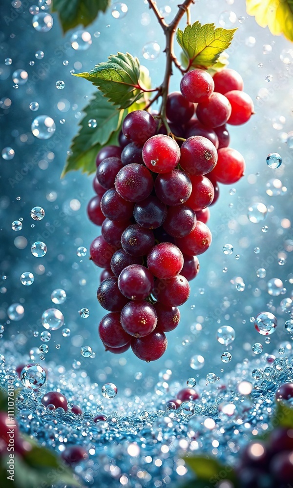 Ripe red grapes are suspended in mid-air amidst a sea of shimmering effervescent water bubbles, mid-air, shimmer, colorful Ripe red grapes are suspended in mid-air amidst a sea of shimmering effervescent water bubbles, mid-air, shimmer, colorful