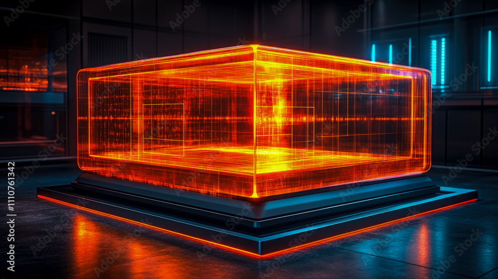 A glowing orange cube shines in a dark, futuristic space, highlighting its intricate design and casting vibrant reflections A glowing orange cube shines in a dark, futuristic space, highlighting its intricate design and casting vibrant reflections