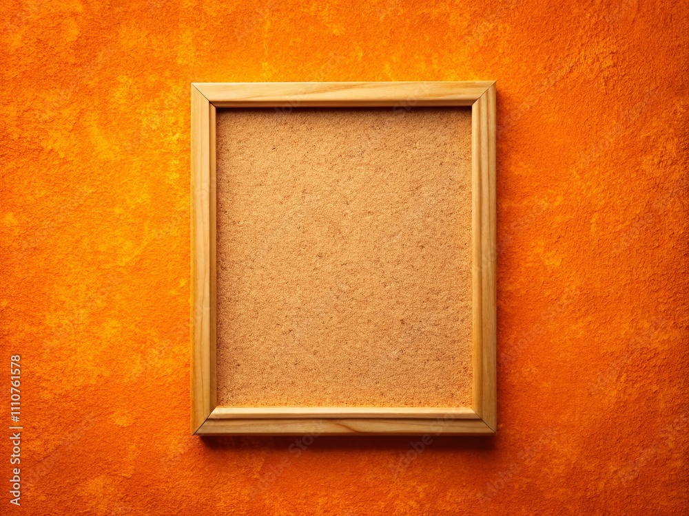 Fototapeta premium Portrait Orientation Rectangular Corkboard with Wooden Frame for Picture Mockups or Lettering on a Vibrant Orange Textured Wall, Ideal for Creative Projects and Presentations