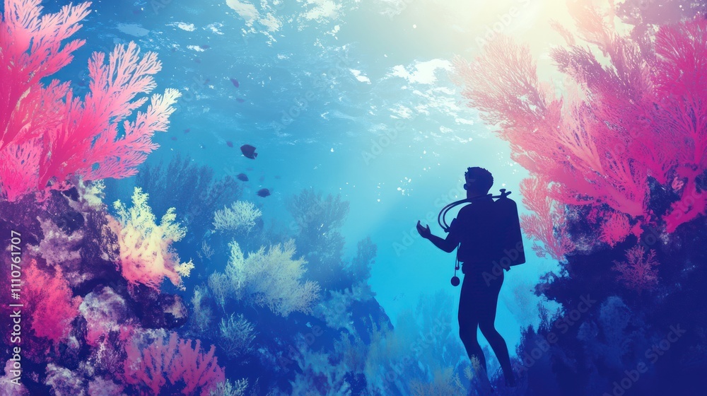 Silhouetted scuba diver exploring vibrant coral reef underwater. Silhouetted scuba diver exploring vibrant coral reef underwater.
