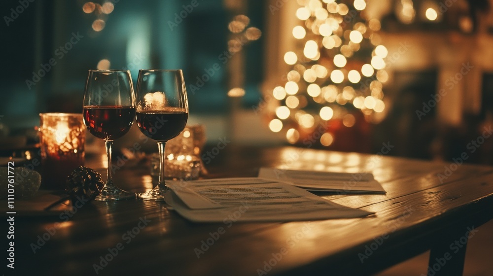 Cozy holiday evening with wine glasses on a wooden table beside a Christmas tree, illuminated by warm, soft candlelight, creating a peaceful, festive atmosphere. Cozy holiday evening with wine glasses on a wooden table beside a Christmas tree, illuminated by warm, soft candlelight, creating a peaceful, festive atmosphere.