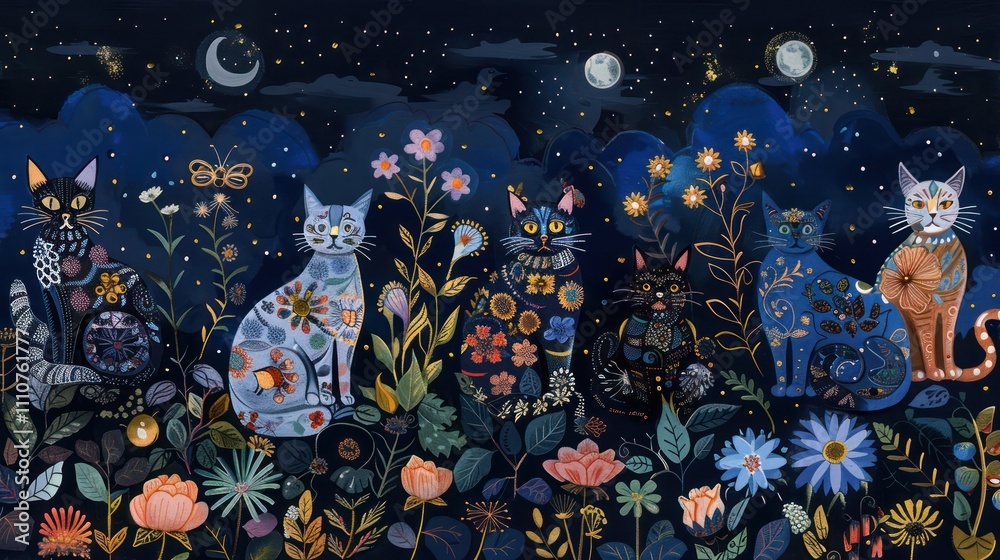 Fototapeta premium Animated collection of cats depicted in folk art style at night against a background of the moon and stars