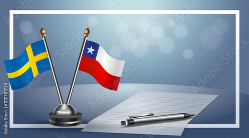 Sweden and Chile Small national flag on bokeh background, cooperative relationship