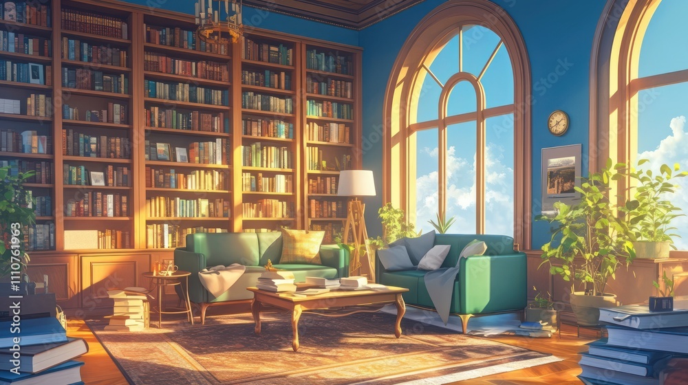 Sunlit library with bookcases, sofas, and arched windows. Sunlit library with bookcases, sofas, and arched windows.