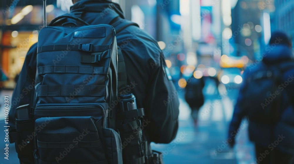 photograph of Close up of security guard's modern tech backpack in busy urban setting photograph of Close up of security guard's modern tech backpack in busy urban setting