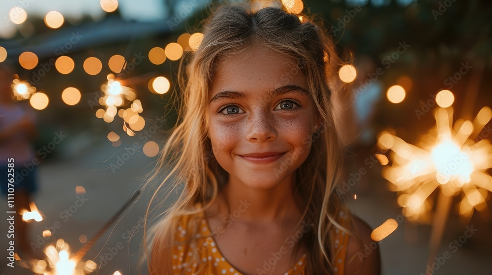 A joyful girl smiles while holding a sparkler amidst a festive, glowing background. A joyful girl smiles while holding a sparkler amidst a festive, glowing background.