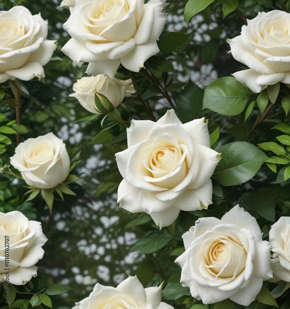 Lovely white roses with soft petals nestled amidst green foliage, elegant decor, fragrance, romantic, seasonal Lovely white roses with soft petals nestled amidst green foliage, elegant decor, fragrance, romantic, seasonal