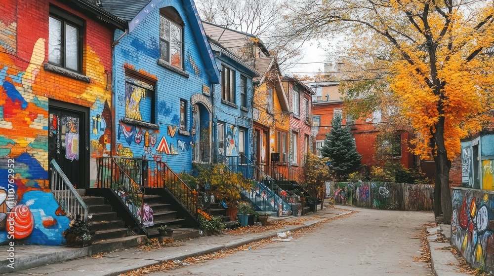 Naklejka premium Colorful houses on a street in autumn.