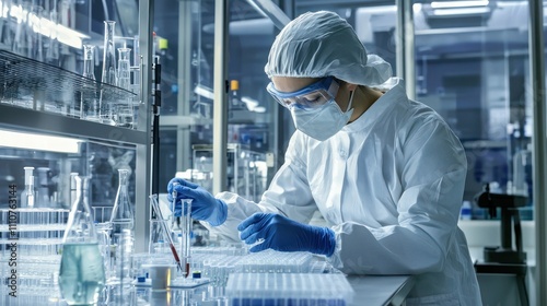 A diligent laboratory worker analyzing samples while wearing protective gear