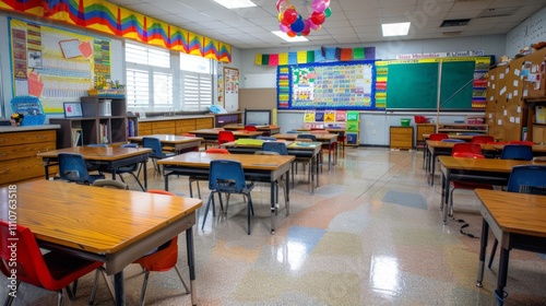 Wallpaper Mural photograph of Empty classroom with wooden desks large whiteboard school Torontodigital.ca