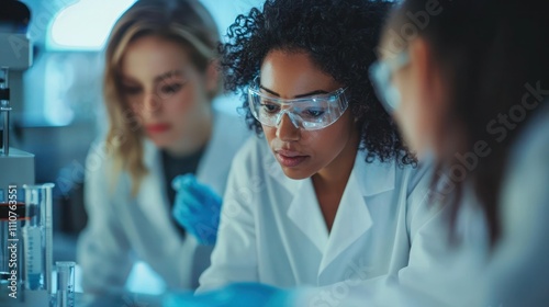 A diverse team of women scientists collaborating on a project in a lab