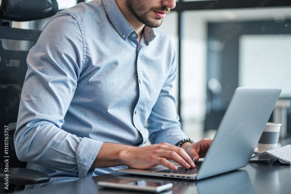 Man working on laptop in modern sleek office