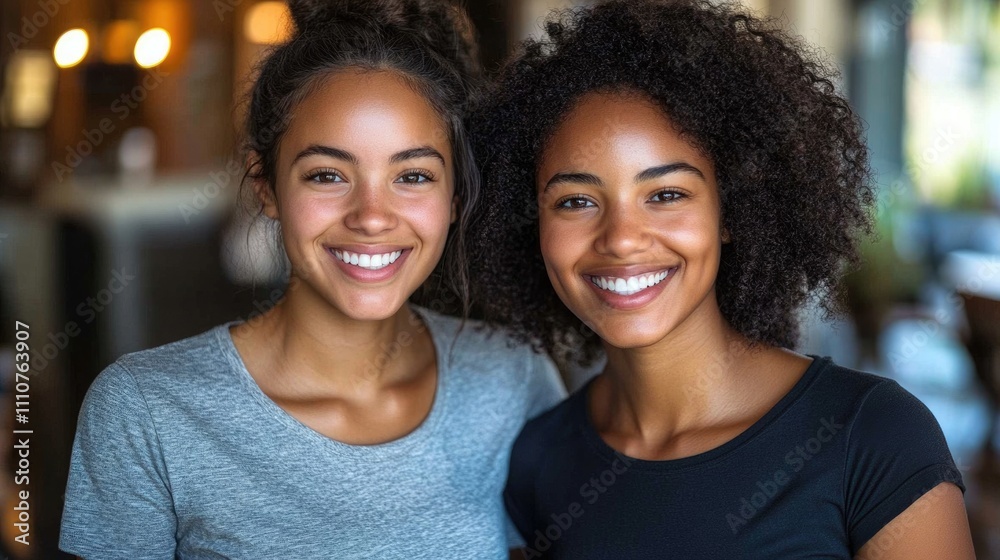 Two young women stand close, smiling cheerfully in a warm indoor environment filled with natural light, celebrating their friendship Two young women stand close, smiling cheerfully in a warm indoor environment filled with natural light, celebrating their friendship