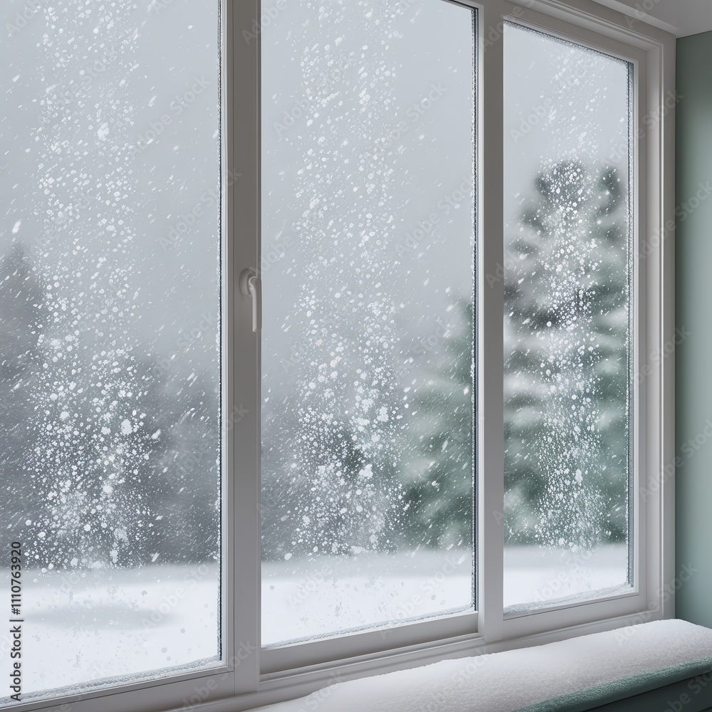 Naklejka premium see the snowfall from inside the house through the glass window