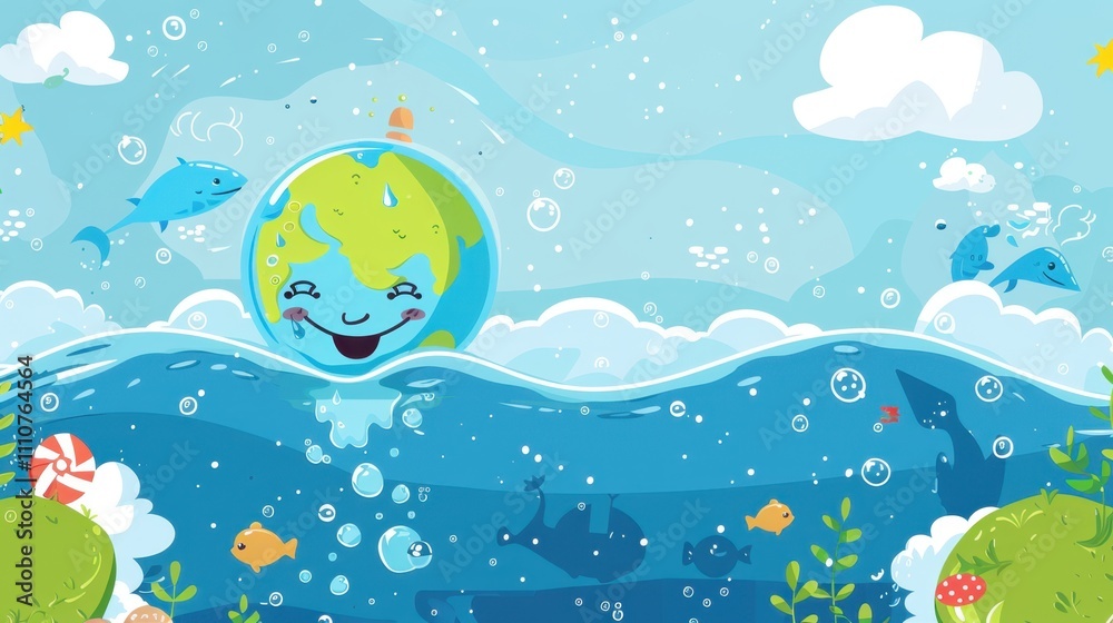 Naklejka premium cute cartoon earth character swimming in the ocean.