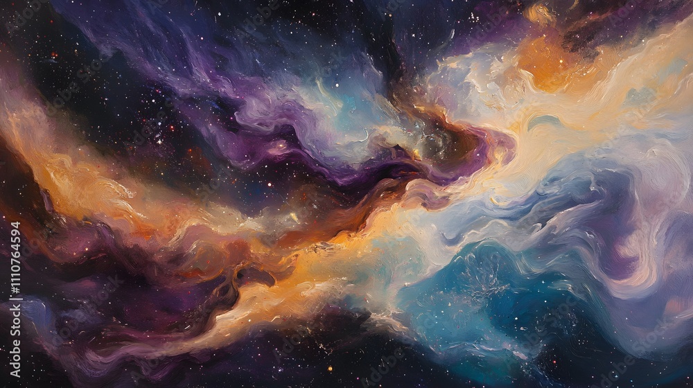 Cosmic nebula swirls in vibrant purple, orange, and blue hues. Cosmic nebula swirls in vibrant purple, orange, and blue hues.