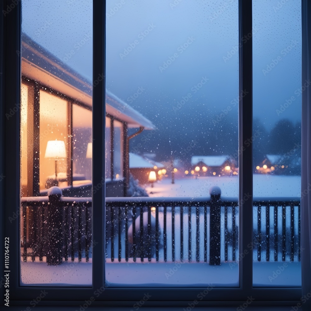 see the snowfall from inside the house through the glass window see the snowfall from inside the house through the glass window