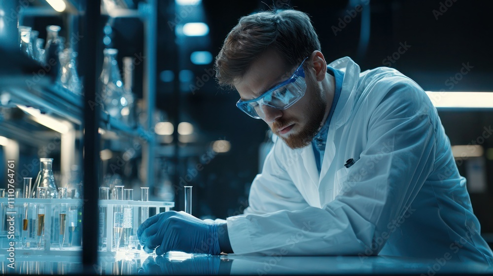 A focused scientist working diligently at a laboratory workstation A focused scientist working diligently at a laboratory workstation
