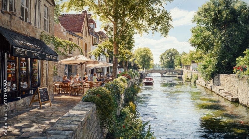 Fototapeta premium Sunny canal-side cafe in charming European town.