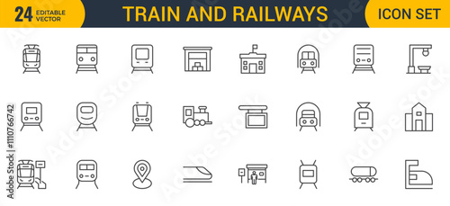 Set of Outline train and railways icon set. intercity, international, freight trains, linear icons. Outline icon collection.