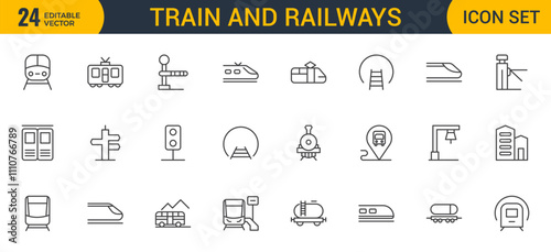 Set of Outline train and railways icon set. intercity, international, freight trains, linear icons. Outline icon collection.