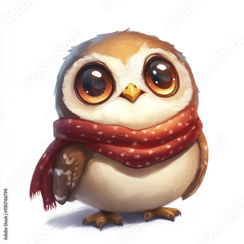 Adorable Cartoon Owl Character with Big Eyes and Cozy Red Scarf, Perfect for Illustrations, Children's Books, and Whimsical Designs in Various Creative Projects photo