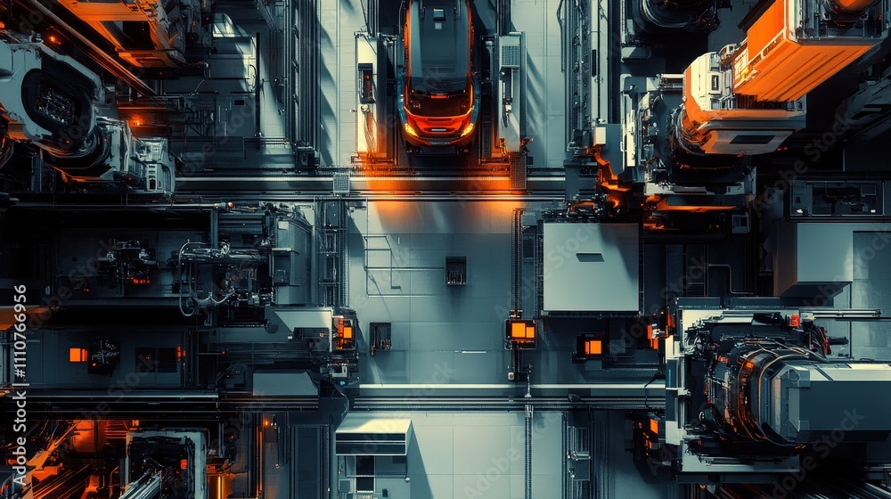 An aerial view of an automotive manufacturing plant with robotic arms working on car assembly lines, illustrating precision and efficiency. An aerial view of an automotive manufacturing plant with robotic arms working on car assembly lines, illustrating precision and efficiency.