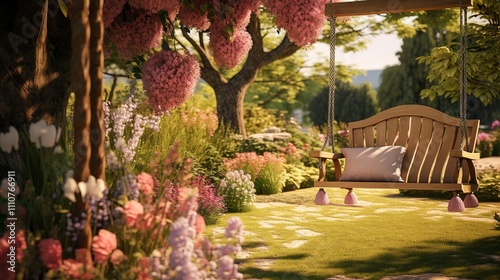 A photo of a playful garden with a tree swing.