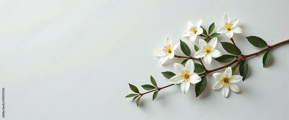 Fototapeta premium A white flower with green leaves is on a white background. The flower is in full bloom and has a delicate appearance. Concept of beauty and tranquility, as the white flowers are a symbol of purity