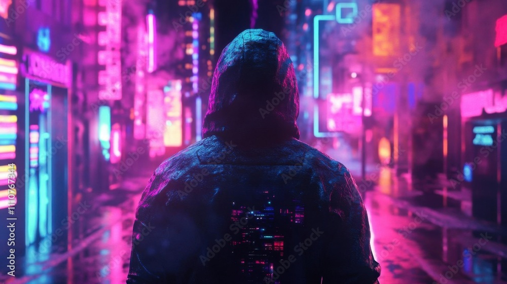 A Lone Figure Walks Through a Neon-Lit City Street, Lost in Thought, Exploring the Unknown A Lone Figure Walks Through a Neon-Lit City Street, Lost in Thought, Exploring the Unknown