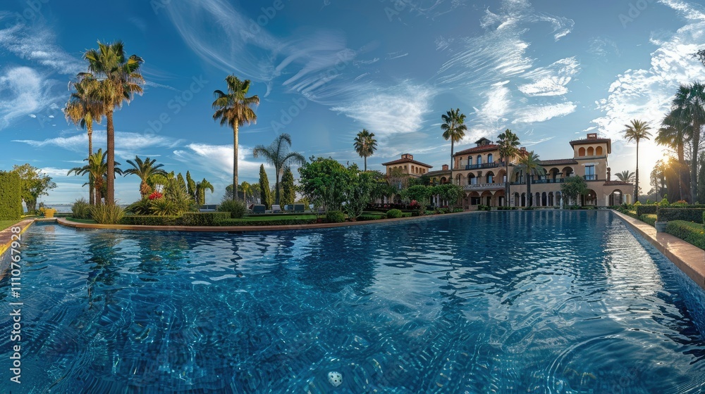 Obraz premium A luxurious poolside view of a grand villa surrounded by palm trees and a clear sky.