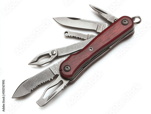 A detailed pocket knife with multiple tools, isolated on white