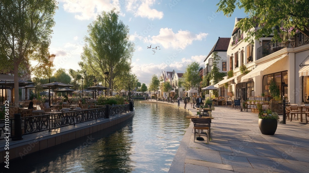 Naklejka premium Idyllic canal-side street with shops, restaurants, and pedestrians enjoying a sunny day.
