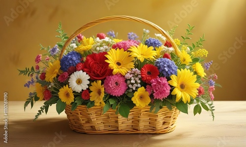 A beautiful bouquet of mixed flowers in a colorful floral basket on a sunny yellow background , happy atmosphere,