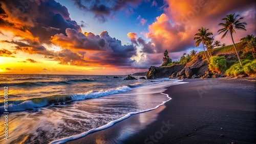 Serene Black Sand Beach at Twilight on Reunion Island, Capturing the Mystique of Nature with Gentle Waves and a Stunning Sky, Perfect for Travel and Landscape Photography Enthusiasts